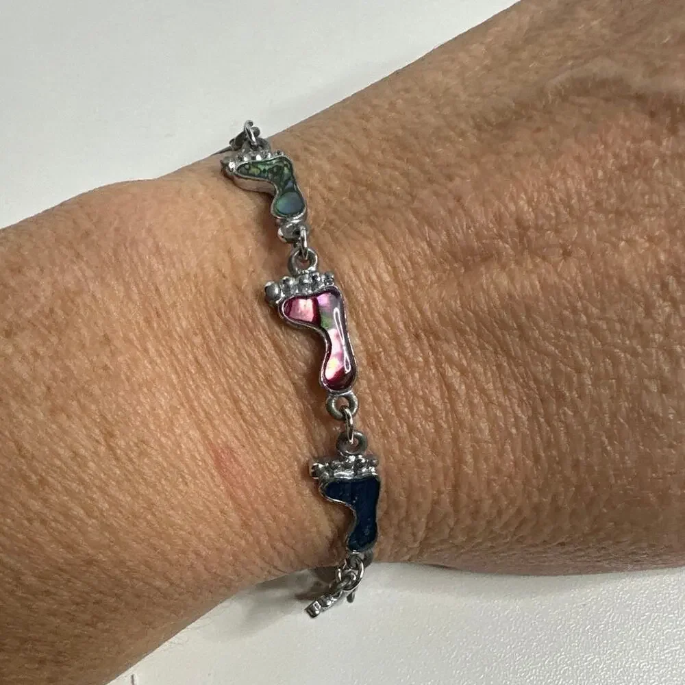 BOHO Silver Tone Foot Link Abalone Tennis Bracelet Lobster Clasp 7